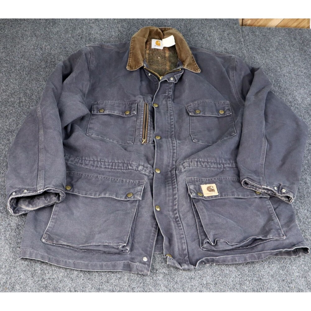 Vintage 90s Carhartt Blanket Lined Duck Field Jacket Faded Blue Grey XL Made USA